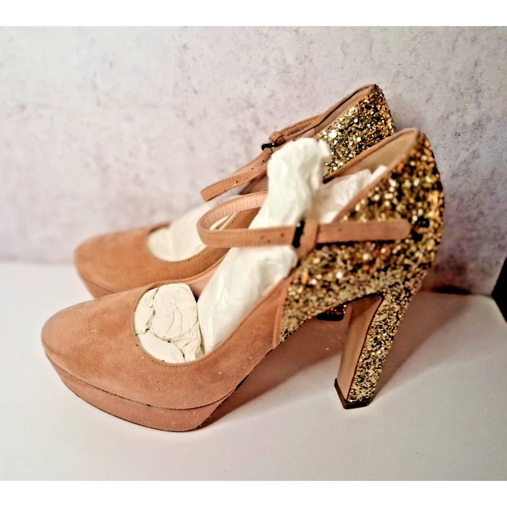 Suede Platform Pumps, Miu Miu,Glitter Heel Accent Womens SZ  7.5 NEW